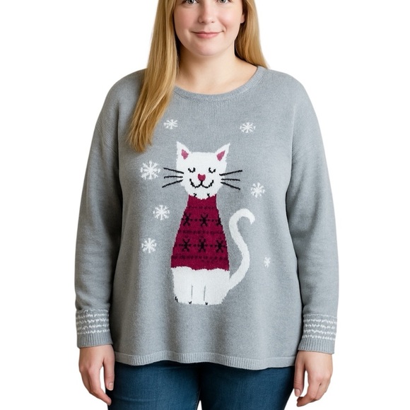 Woman Within 2X Plus Size Gray Knit Winter Sweater Cat Snowflakes Cozy Christmas - Picture 1 of 9